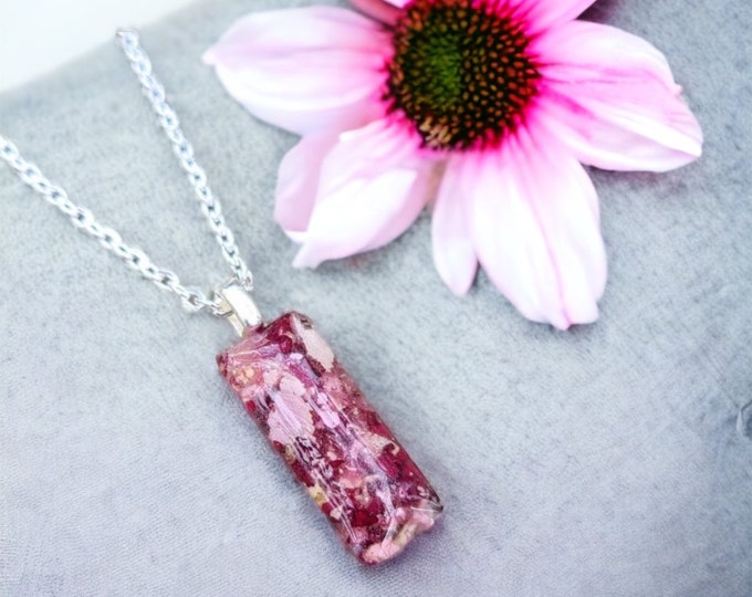 Rectangle Flower Petal Memorial Pendant, Custom Resin Jewelry