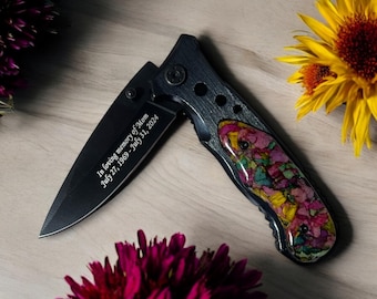 Flower Petal Keepsake Knife, Memorial Engraved Wedding Knife, knife made with funeral flowers, Memorial gift for men, flower keepsake Knife
