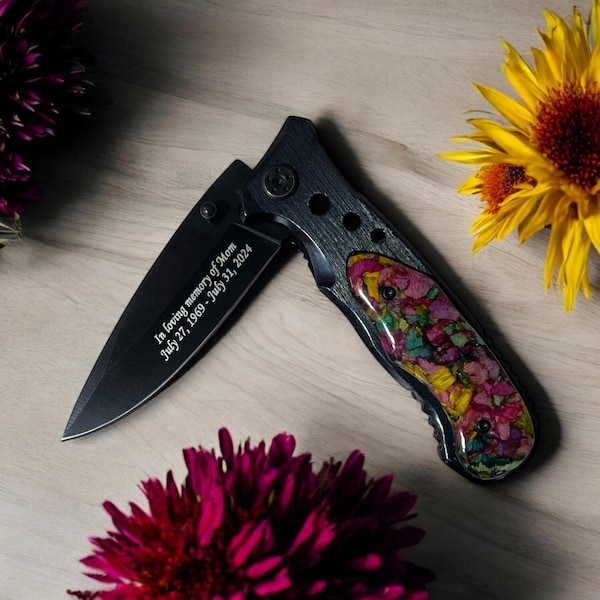 Flower Petal Keepsake Knife, Memorial Engraved Wedding Knife, knife made with funeral flowers, Memorial gift for men, flower keepsake Knife