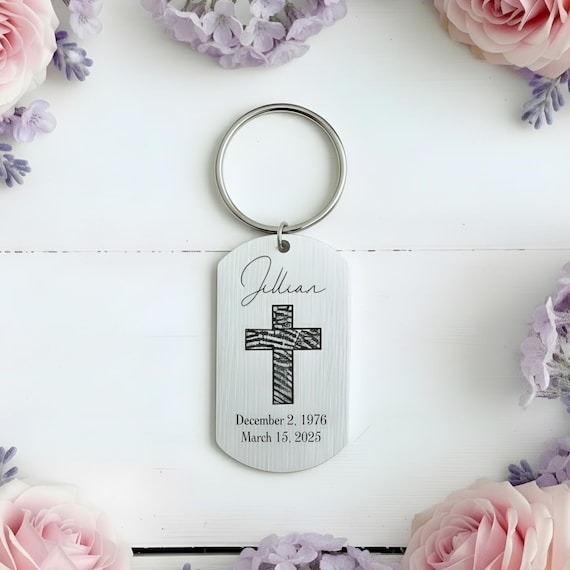 Memorial Dog Tag Keychain, Stainless Steel Cross, Custom Fingerprint Keepsake
