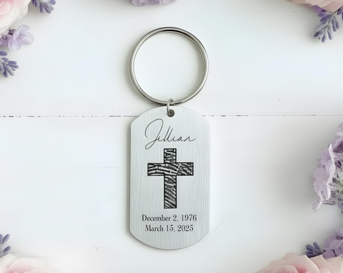 Dog Tag Keychain Memorial Jewelry, Memorial Cross fingerprint keychain. Memorial Keepsake. Fingerprint necklace. Deer Finger Print Keychain