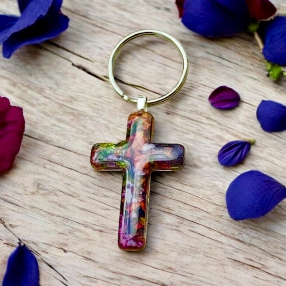 Floral Cross Memorial Keychain, Real Flower Keepsake