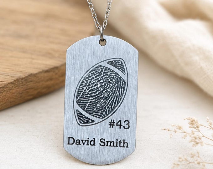 Personalized Stainless Steel Dog Tag Keychain, Football Fingerprint Memorial Jewelry