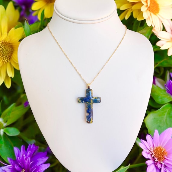 Custom Flower Petal Cross Necklace, Memorial Jewelry
