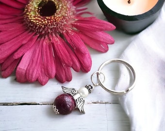 Angel Memorial Flower Bead Keychain, Funeral Keepsake Jewelry
