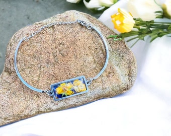 Pressed Flower Stainless Steel Bangle Bracelet, Memorial Jewelry