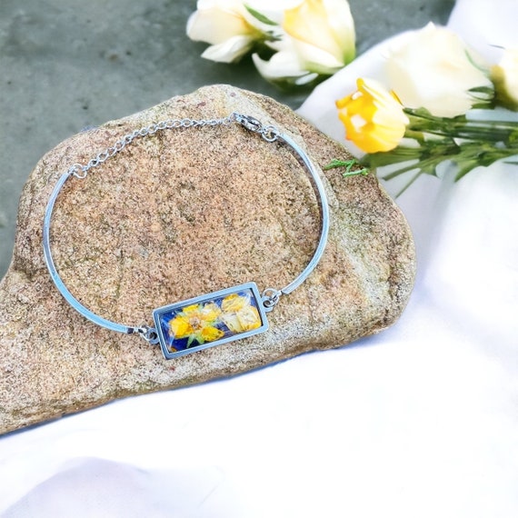 Pressed Flower Stainless Steel Bangle Bracelet, Memorial Jewelry