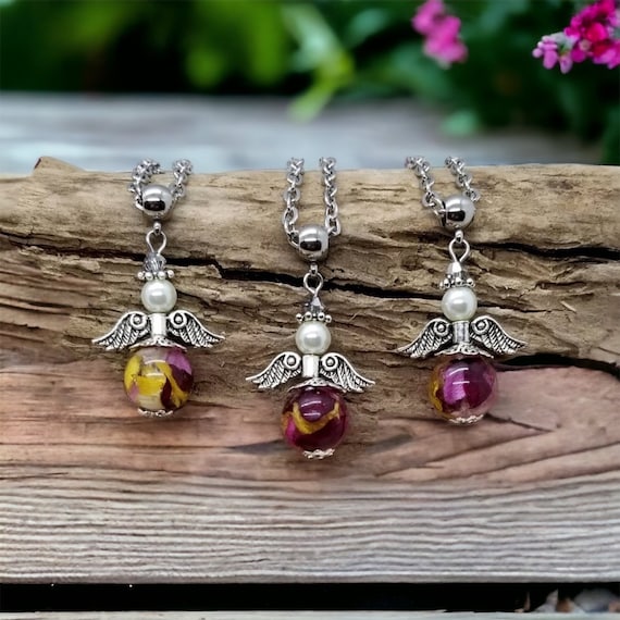 Angel Memorial Bead keychain or Necklace. Wedding Flowers. Funeral Flowers. Made with real flowers