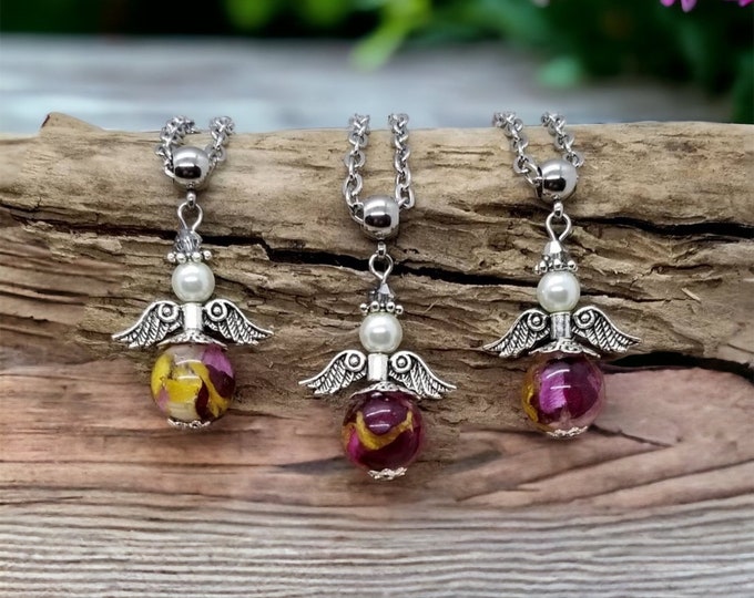 Angel Memorial Bead keychain or Necklace. Wedding Flowers. Funeral Flowers. Made with real flowers