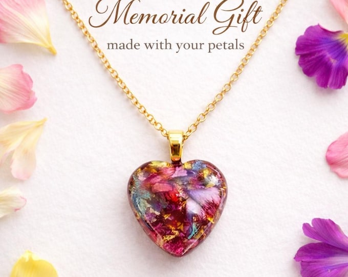 Memorial Necklace Made with Your Flowers, Custom Flower Petal Jewelry, Funeral Keepsake Gift, Wedding Bouquet Preservation Resin Heart Penda