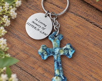 Flower Petal Memorial Keychain, Custom Dried Flower Keepsake, Cross keychain