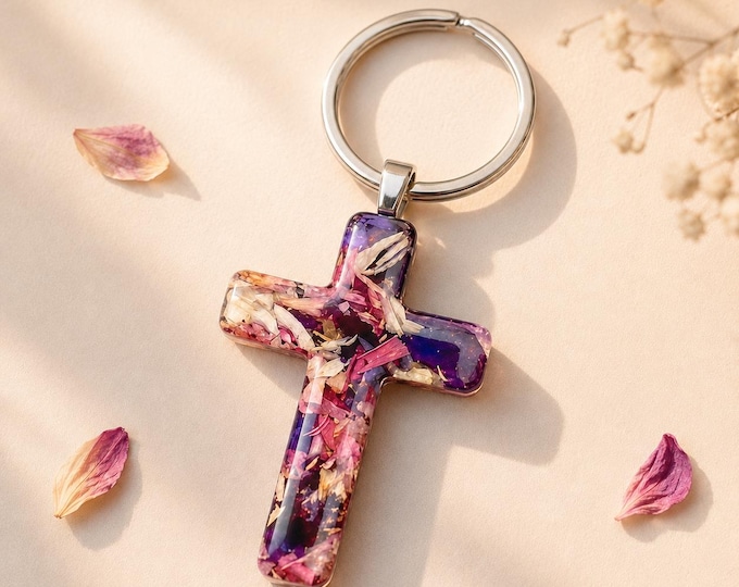 Floral Cross Memorial Keychain, Real Flower Keepsake, Cross Keychain Made with Flower Petals