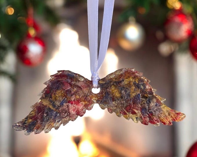 Angel wing ornament. Memorial Jewelry,  Christmas Ornaments. Memorial Beads. Wedding Flowers. Funeral Flowers. Made with real flowers.