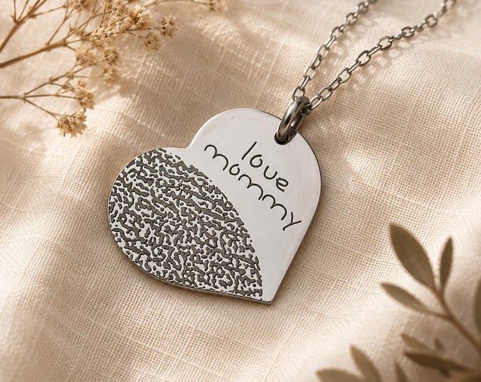 Heart Fingerprint Necklace, Stainless Steel Memorial Keepsake