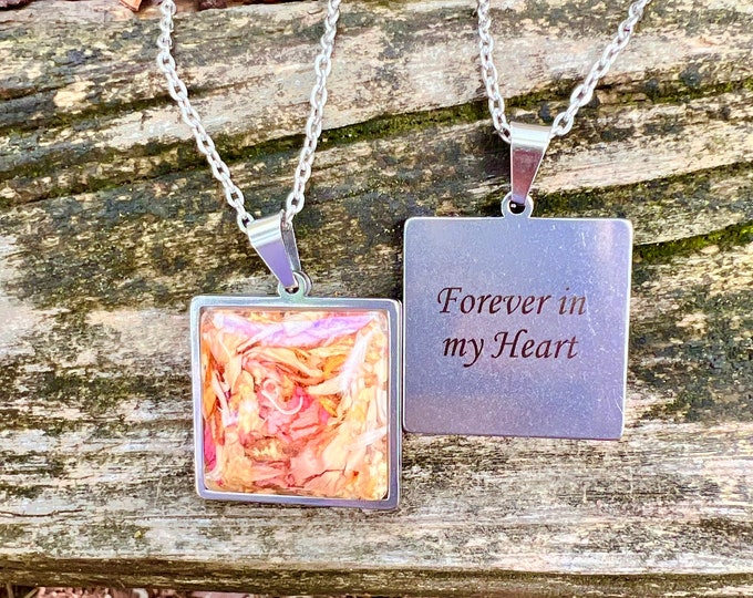 Stainless Steel Square pendant.  Memorial Jewelry, Memorial beads. Wedding flowers. Funeral flowers. Made with real flowers
