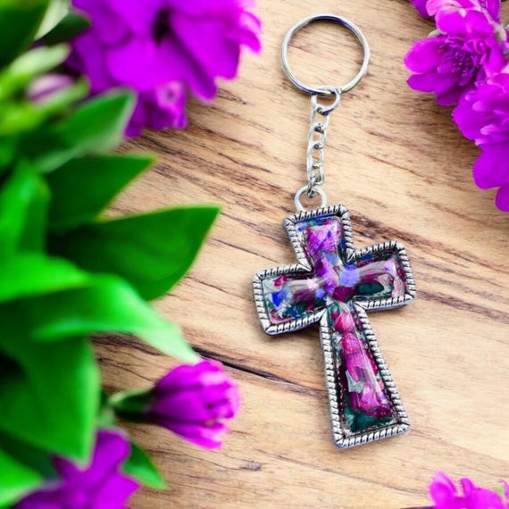 Flower Petal Cross Keychain, Memorial Jewelry, Real Flowers