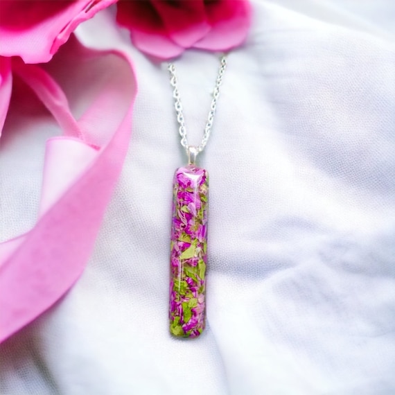 Rectangle Memorial Pendant, Real Flower Resin Jewelry