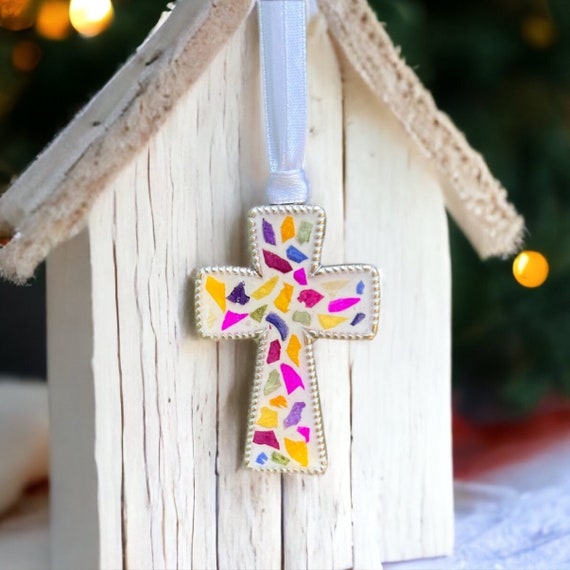 Flower Petal Cross Ornament, Memorial Keepsake