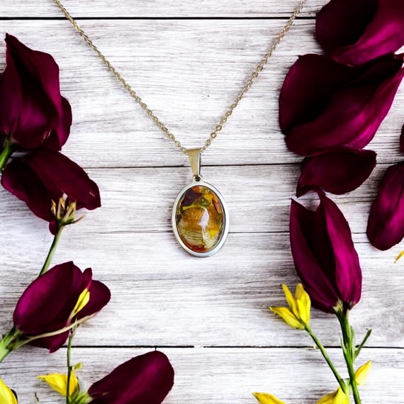Real Flower Stainless Steel Oval Necklace, Memorial Keepsake