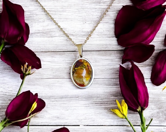 18x13 Stainless Steel oval Necklace.  Memorial Jewelry,  Engravable. Memorial beads. Wedding flowers.Funeral flowers. Made with real flowers