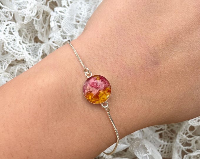 12mm sterling silver bolo bracelet.  Memorial Jewelry, Memorial Beads. Wedding Flowers. Funeral flowers. Made with real flowers