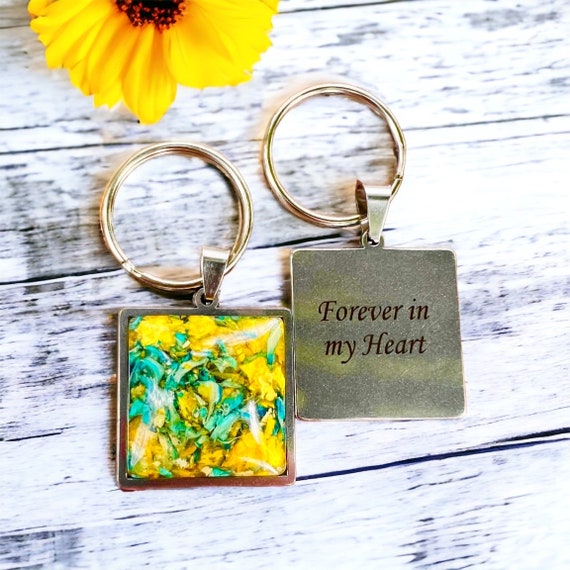 Real Flower Stainless Steel Square Keychain, Memorial Jewelry