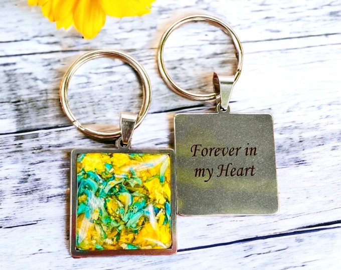 Stainless Steel Square keychain.  Memorial Jewelry,  Memorial beads. Wedding flowers. Funeral flowers. Made with real flowers