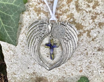 Angel Wing Memorial Ornament with Real Flower Cross