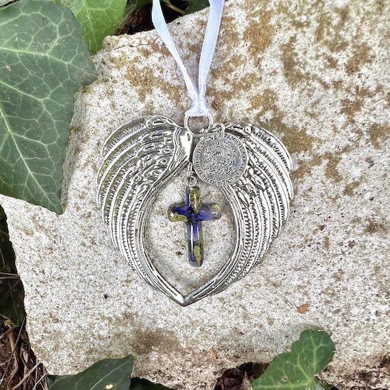 Angel Wing Memorial Ornament with Real Flower Cross