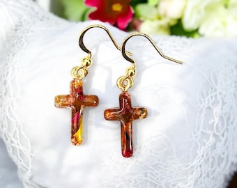 Floral Cross Earrings, Memorial Keepsake, Real Flowers (18mm)