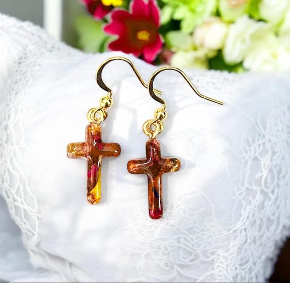 Floral Cross Earrings, Memorial Keepsake, Real Flowers (18mm)