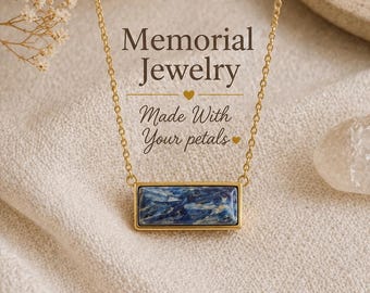Memorial Necklace Made with Your Flowers, Rectangle Pendant, Custom Flower Petal Jewelry, Funeral Keepsake Gift, Wedding Bouquet Preservatio