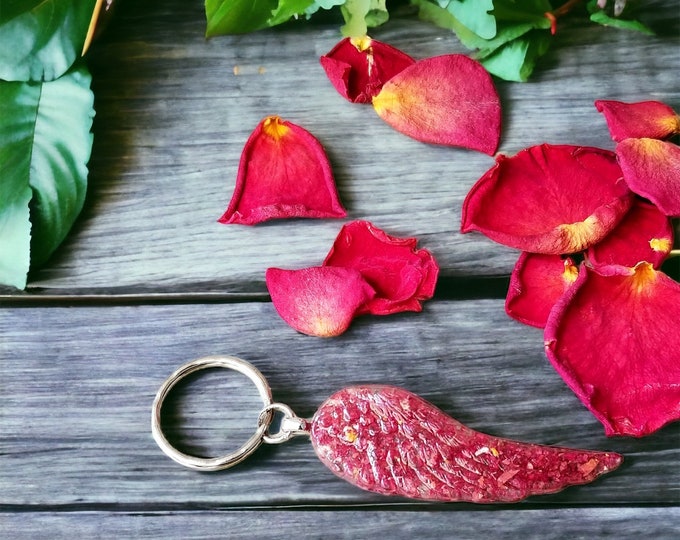 Flower petal wing keychain. Memorial Jewelry, Memorial Beads. Wedding Flowers. Funeral Flowers. Made with real flowers