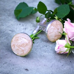 May include: A pair of silver cufflinks with pink and white marbled resin inserts. The cufflinks are surrounded by green leaves and pink flowers.