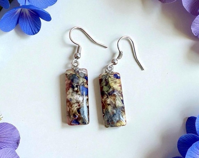 10x25mm Stainless Steel earrings.  Memorial Jewelry, Memorial Beads. Wedding Flowers. Funeral Flowers. Made with real flowers