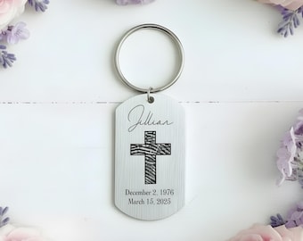 Personalized Stainless Steel Dog Tag Keychain, Cross Fingerprint Memorial Jewelry