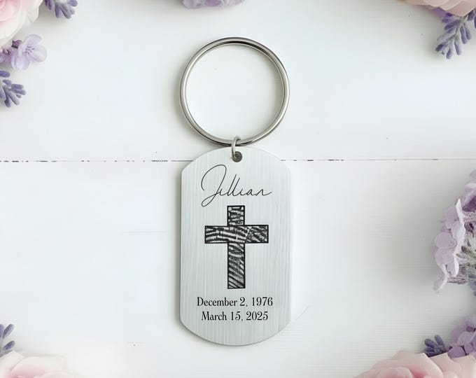 Personalized Stainless Steel Dog Tag Keychain, Cross Fingerprint Memorial Jewelry