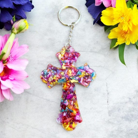 Custom Flower Memorial Cross Keychain, Funeral Keepsake