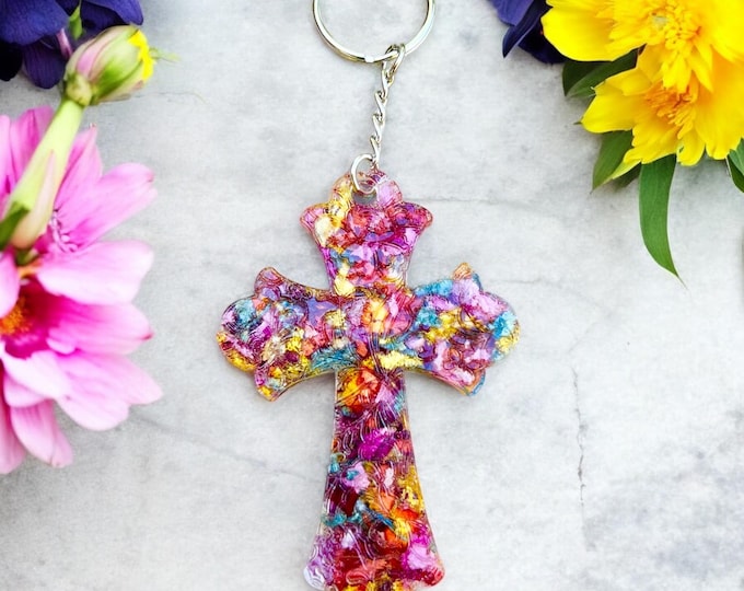 Cross Memorial Keychain.  Memorial jewelry, Wedding Flowers. Funeral Flowers. Made with real flowers