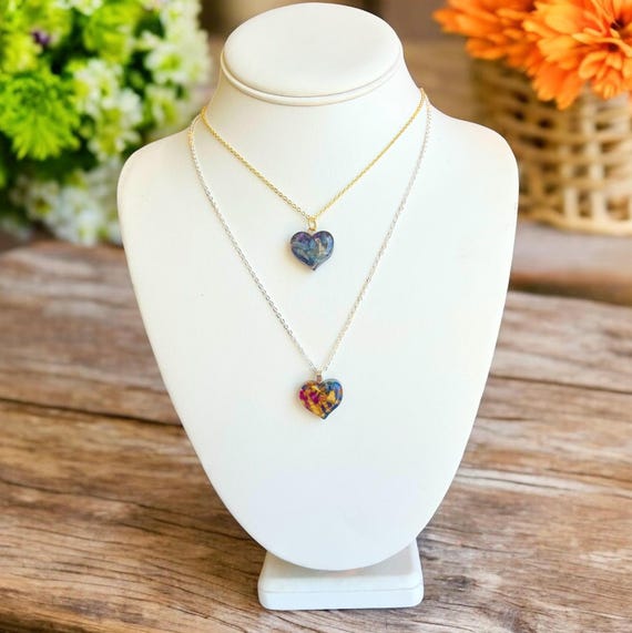 Custom Flower Petal Heart Necklace, Keepsake Memorial Jewelry
