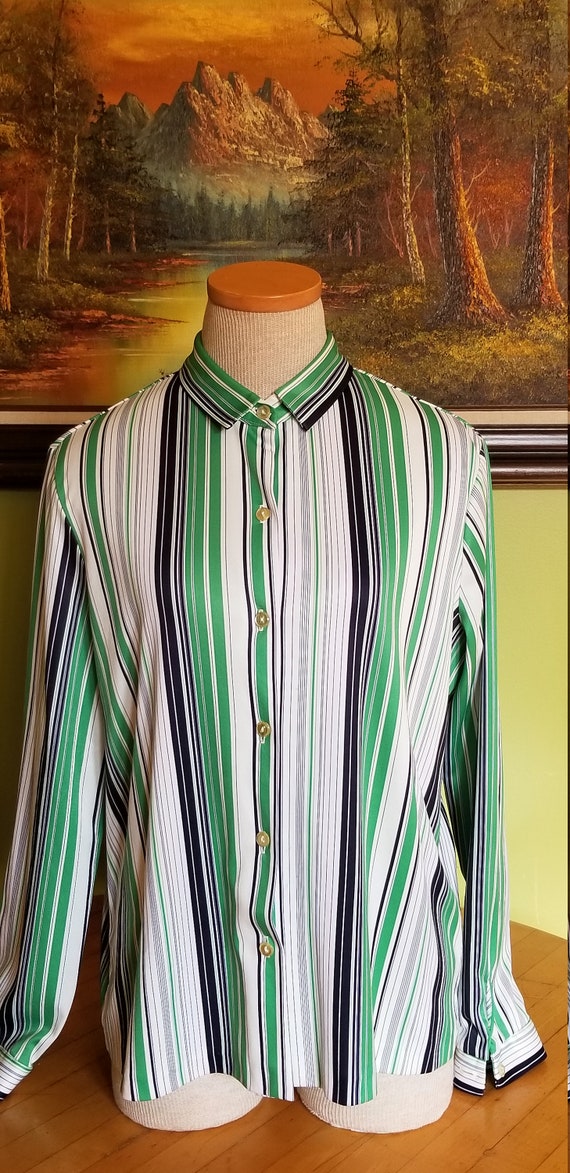 Vintage Women's Long Sleeve Green Striped Button … - image 1