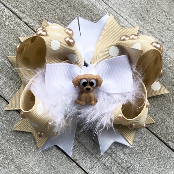 My Little Puppy Bow~ Over The Top Bow~ Beige and White Bow~ Boutique Bow~ Double Layered Bow~ 4.5 " inch Medium Bow