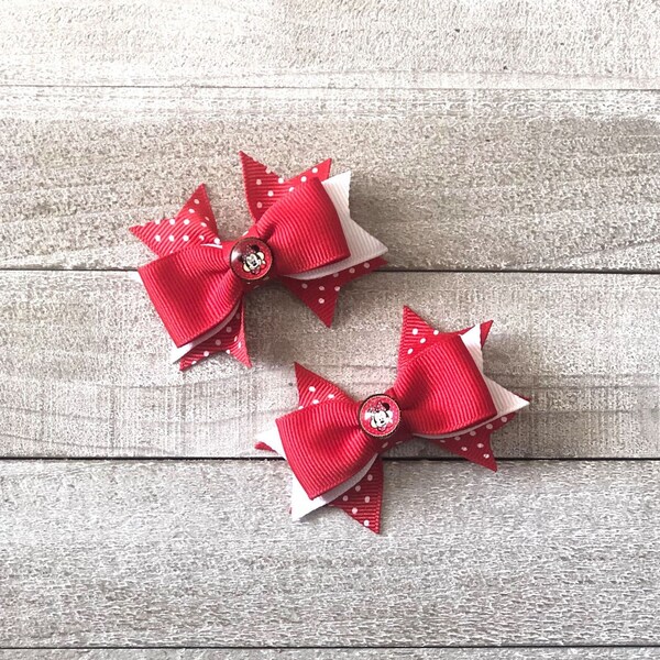 Mini Bow Set~ Pig Tail Bows~ Red & White Bows~ Polka Dots Bows~ 2.7" inch Bow~ Extra Small Bows