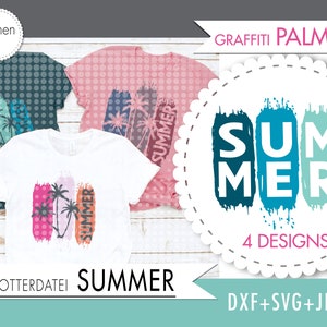 Puede incluir: Cuatro diseños de gráficos de temática veraniega con la palabra "SUMMER" en una fuente de estilo graffiti. Los gráficos están en tonos de azul, verde, rosa y amarillo. El texto "GRAFFITI PALMEN" y "2019" también están incluidos en la imagen.
