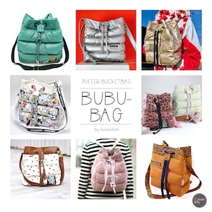 May include: A selection of puffer bucket bags in diverse colours and patterns. Bags include teal green, silver, gold, and patterned options with leopard print, polka dots, and cartoon designs. Each bag has a drawstring closure and shoulder strap.