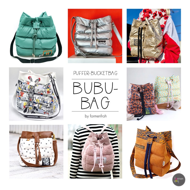 May include: A selection of puffer bucket bags in diverse colours and patterns. Bags include teal green, silver, gold, and patterned options with leopard print, polka dots, and cartoon designs. Each bag has a drawstring closure and shoulder strap.