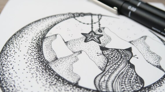 Wish Upon A Star Cat Digital Print Of Original Art Pen Etsy