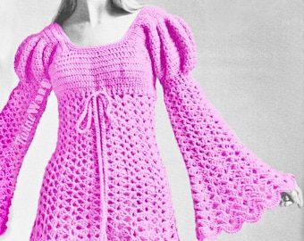 Juliet Dress • Boho Ren Faire Festival Peasant Flare Bell Sleeve Empire Waist • 1960s Vintage CROCHET Pattern PDF Download