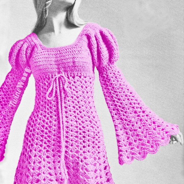 Juliet Dress • Boho Ren Faire Festival Peasant Flare Bell Sleeve Empire Waist • 1960s Vintage CROCHET Pattern PDF Download