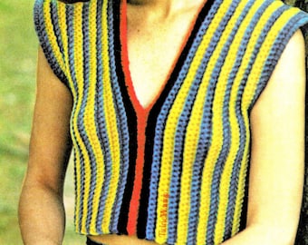 Lucky Striped Top • Ribbed Crop Summer Pullover Vest • 1970s Vintage CROCHET Pattern PDF Instant Download